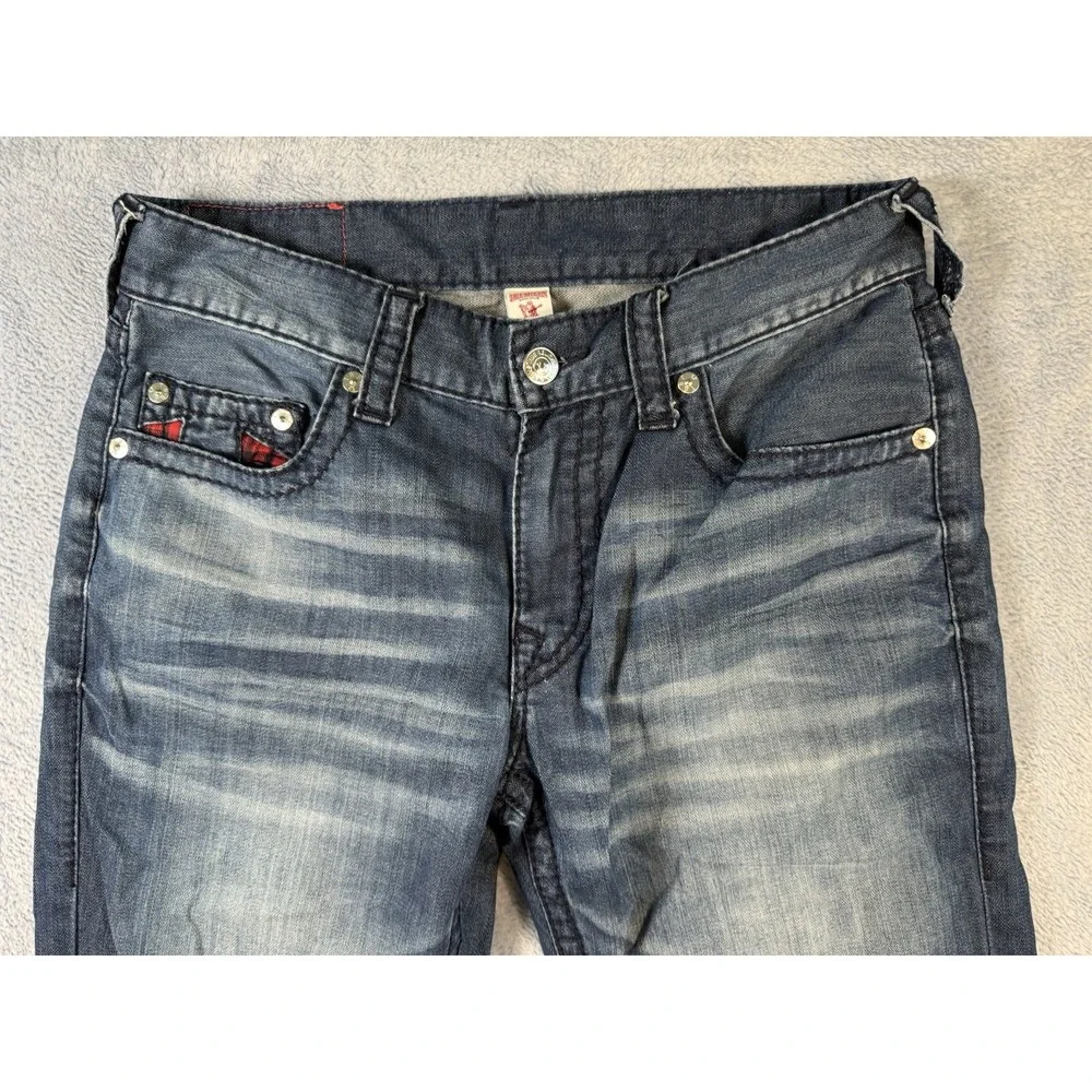 True Religion Slim Section Jeans Men Blue Plaid Horseshoe Pocket True 33x28